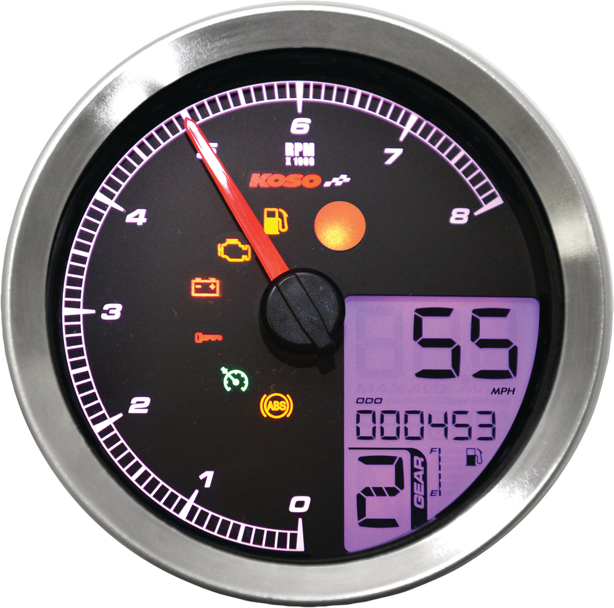 KOSO BA051201 Speedo / Tach Silver Bezel LCD Color Change Display for Harley Davidson XL883N, XL883L, Softail, Dyna, and Sportster Models