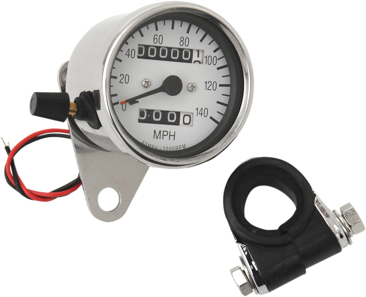 DRAG SPECIALTIES 2.4-inch MPH Mini LED Mechanical Speedometer with Indicators and Trip - Chrome Housing, White Face, 2:1 Gear Ratio for Harley-Davidson Motorcycles