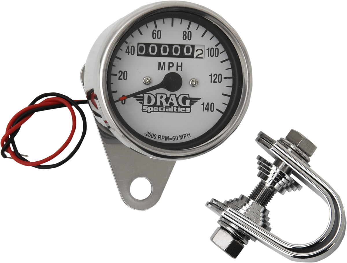 DRAG SPECIALTIES 2.4" MPH Mini LED Mechanical Speedometer with Chrome Housing and White Face - Fits Harley-Davidson Motorcycles with 12mm Cable Thread - Part Number 21-6825DS1-BX15