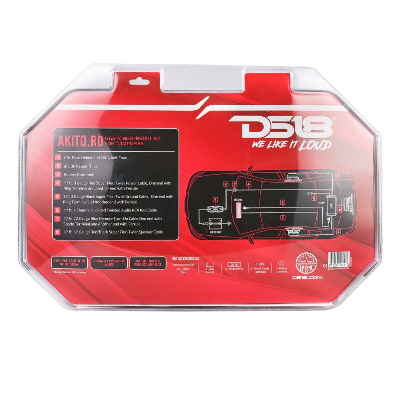 DS18 0-GA Amplifier Install Kit Advance - Red for Car Audio Systems