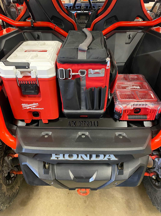 Honda Talon Milwaukee Packout Mount 1.5 by AJK Offroad with two coolers and a kit