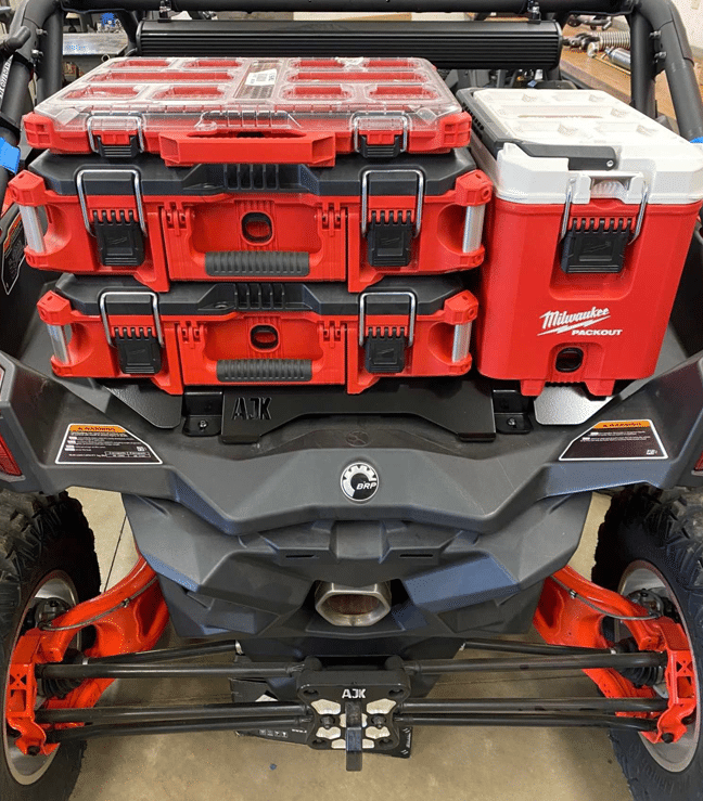 Can-Am X3 Milwaukee Packout Mount 1.5 by AJK Offroad Installed with three stacked kits and cooler
