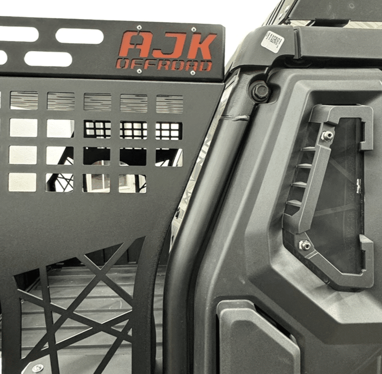 Polaris Xpedition Headache Rack 3/4 Rack by AJK Offroad Close Up of Side of Rack with Logo