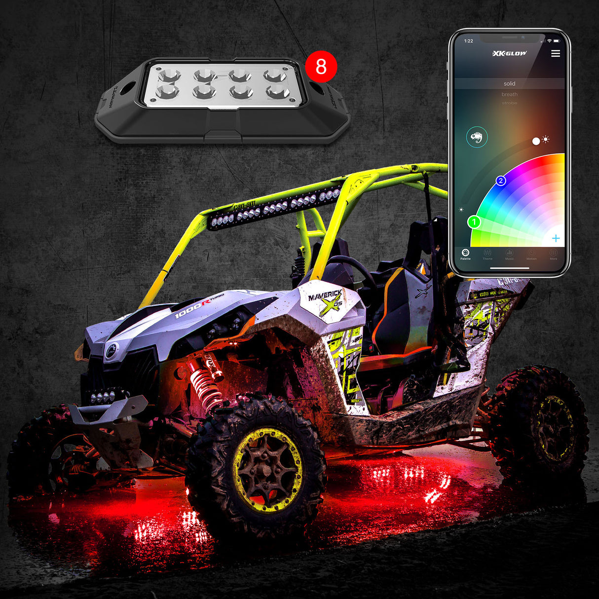 XK GLOW XK-ROCK-ADV 8pc RGB Rock Light Kit for Off-Rroad Vehicles - Impact and Water Resistant, App Controlled with 16 Million Colors