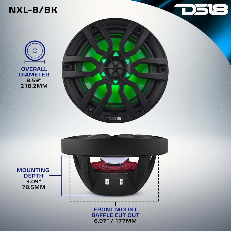 DS18 NXL Series 8-Inch Marine Coaxial Speakers with RGB Lighting – Black, Powersports & Marine Vehicle Fitment