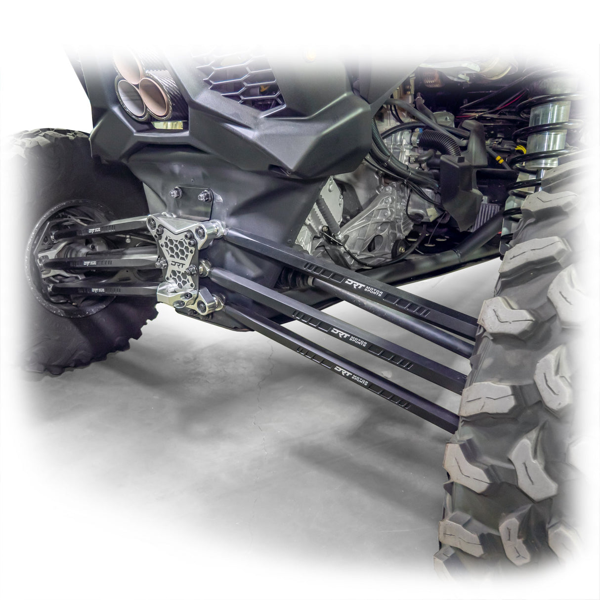 DRT Can-Am Maverick X3 2017+ Billet Aluminum 3-PC Radius Rod Plate Kit Full rear view