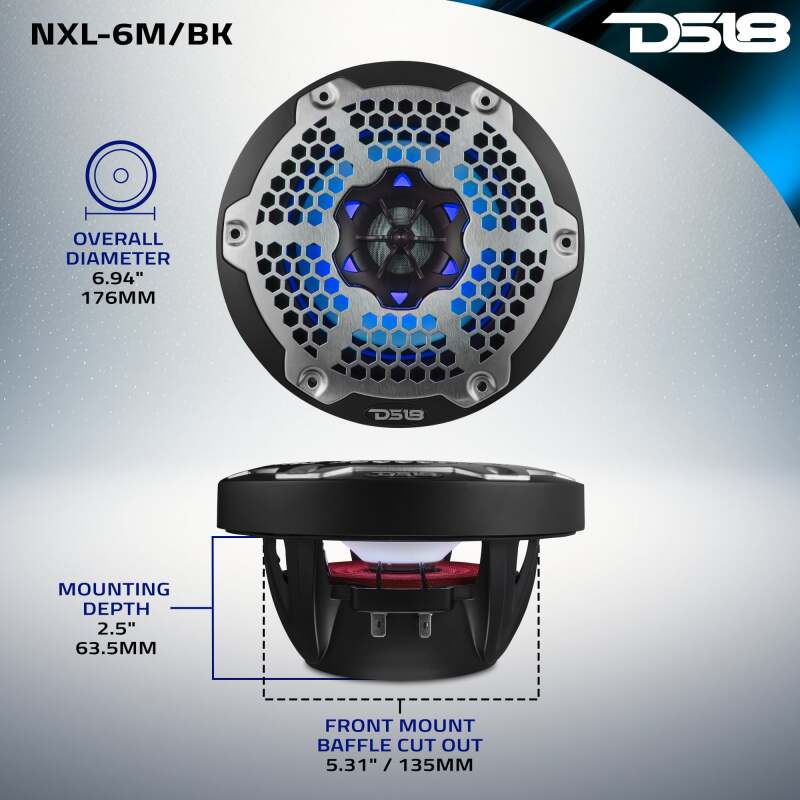 DS18 NXL-M Series Marine and Powersports 6.5-inch 2-Way Speaker with RGB LED Lighting - Black Finish