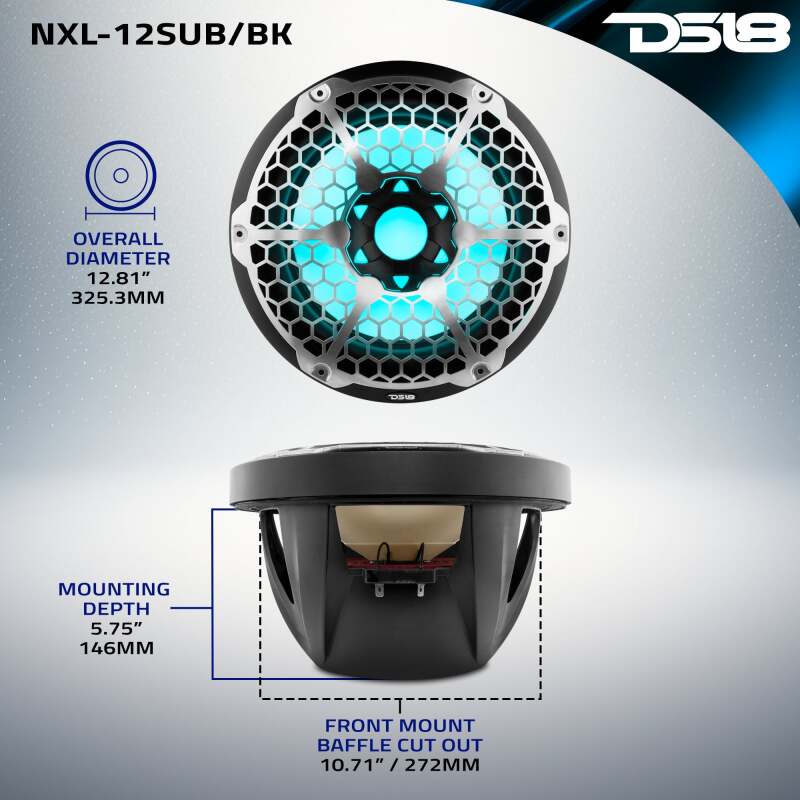 DS18 NXL-12SUB/BK Marine 12-Inch Subwoofer with RGB Lights, 350 Watts RMS, 4 Ohm Single Voice Coil for Powersports Vehicles