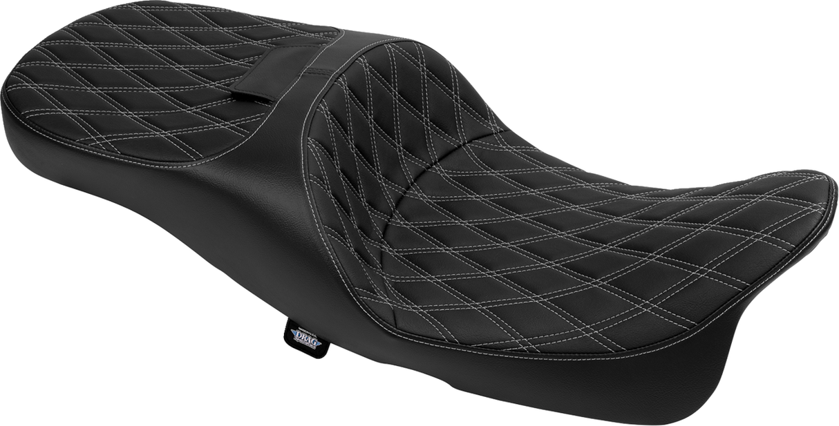Drag Specialties Seats Extended Reach Freedom Seat for FLT/FLH Models with Vinyl Cover and Double Diamond Silver Stitch, Fits 2009-2025 Harley Davidson FLHX, FLTRX, FLHR, FLHTCU