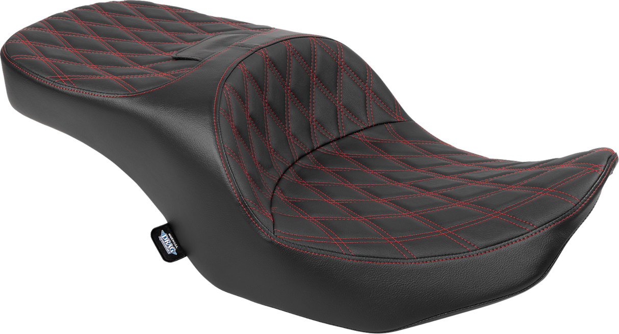Drag Specialties Seats Freedom Seat for Harley FLT/FLH 2023-2025 - Black Vinyl with Red Double Diamond Stitch, Part #4711D