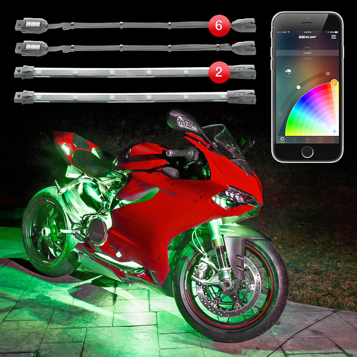XK GLOW Mini Accent Light App Kit 8pc for Motorcycle - Bluetooth RGB LED Lighting with Color Capture and Custom Themes