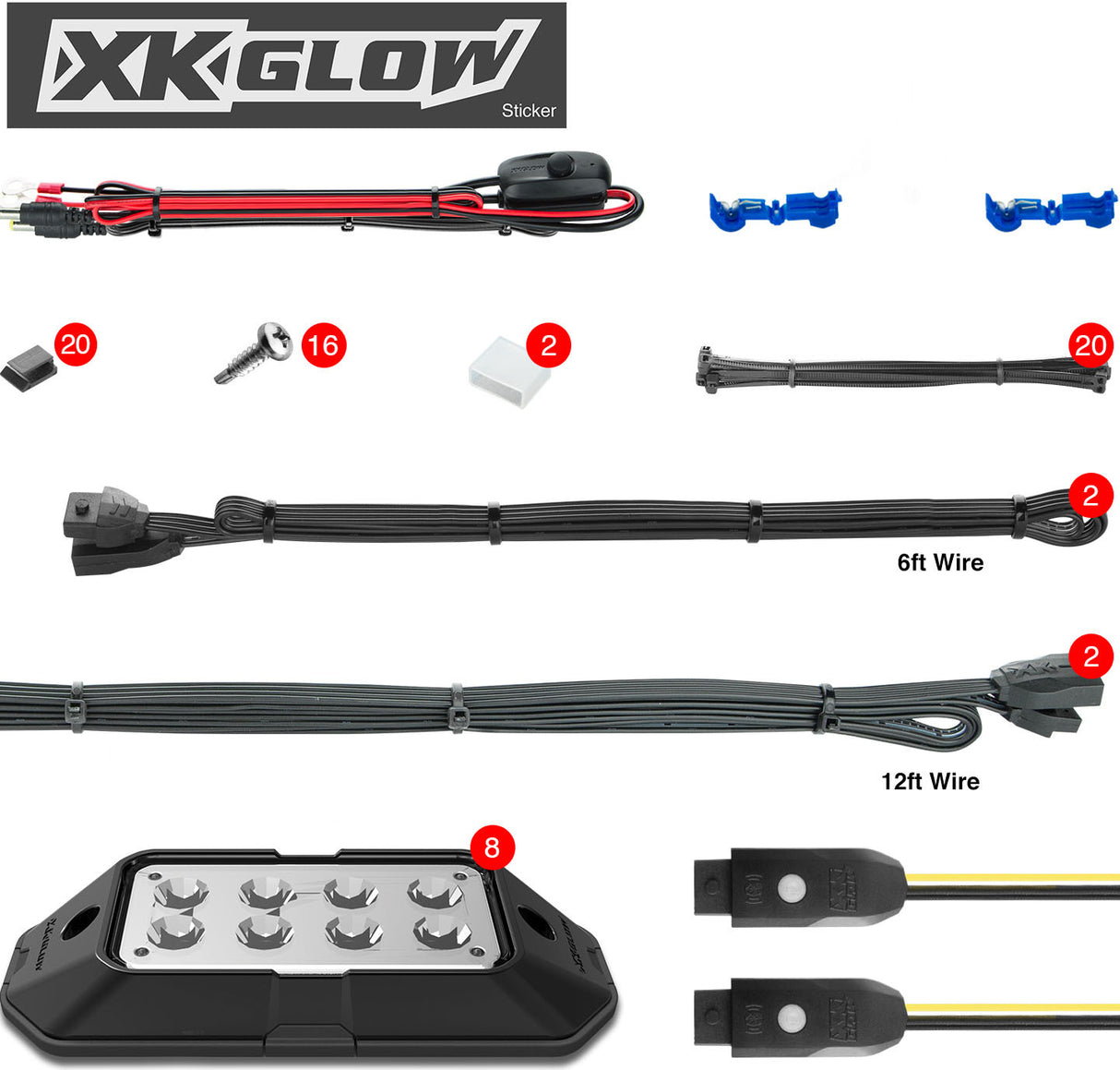 XK GLOW XK-ROCK-ADV 8pc RGB Rock Light Kit for Off-Rroad Vehicles - Impact and Water Resistant, App Controlled with 16 Million Colors