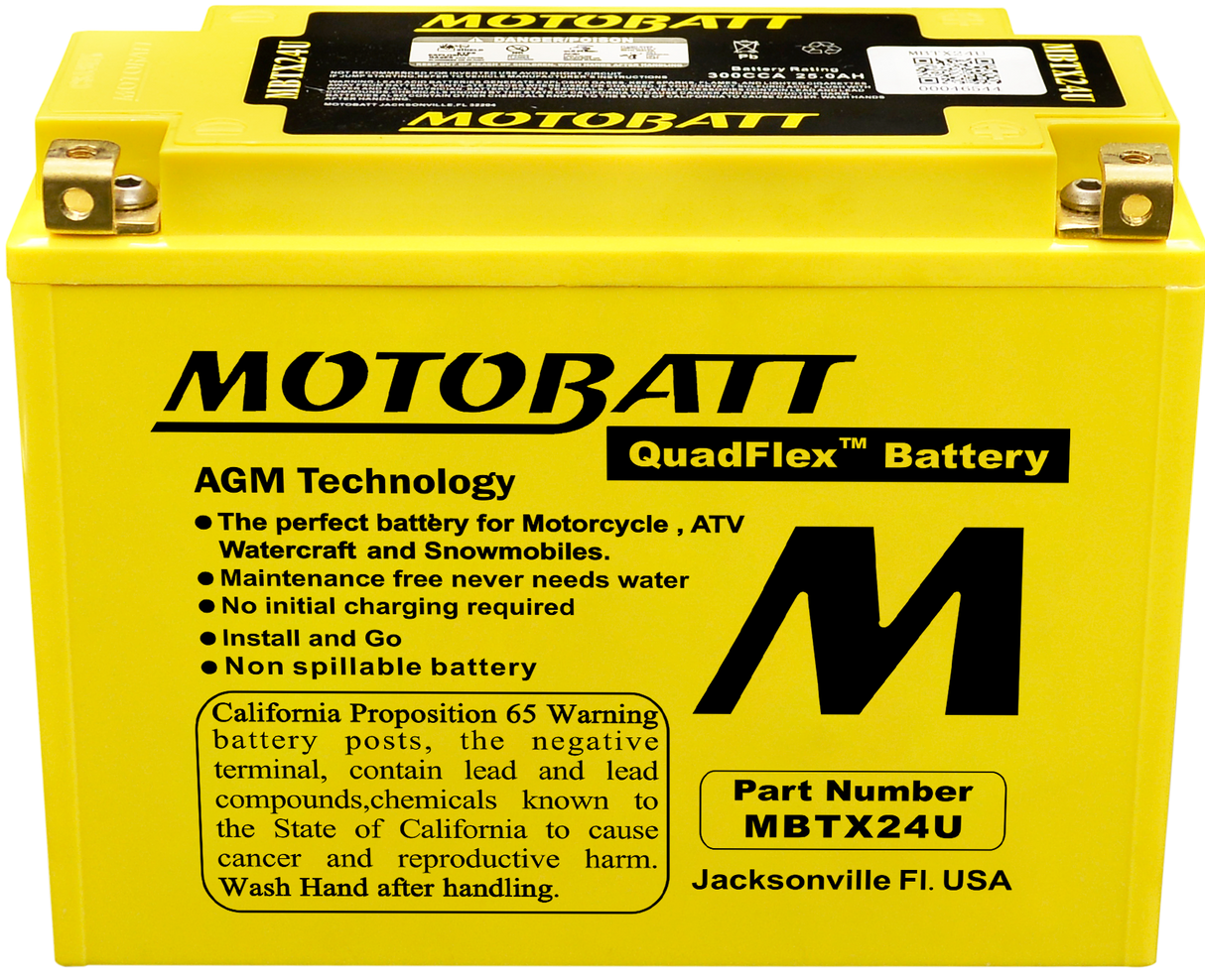 Motobatt MBTX24U Quadflex AGM Sealed Motorcycle Battery for Cruiser, Touring, and Sport Bikes