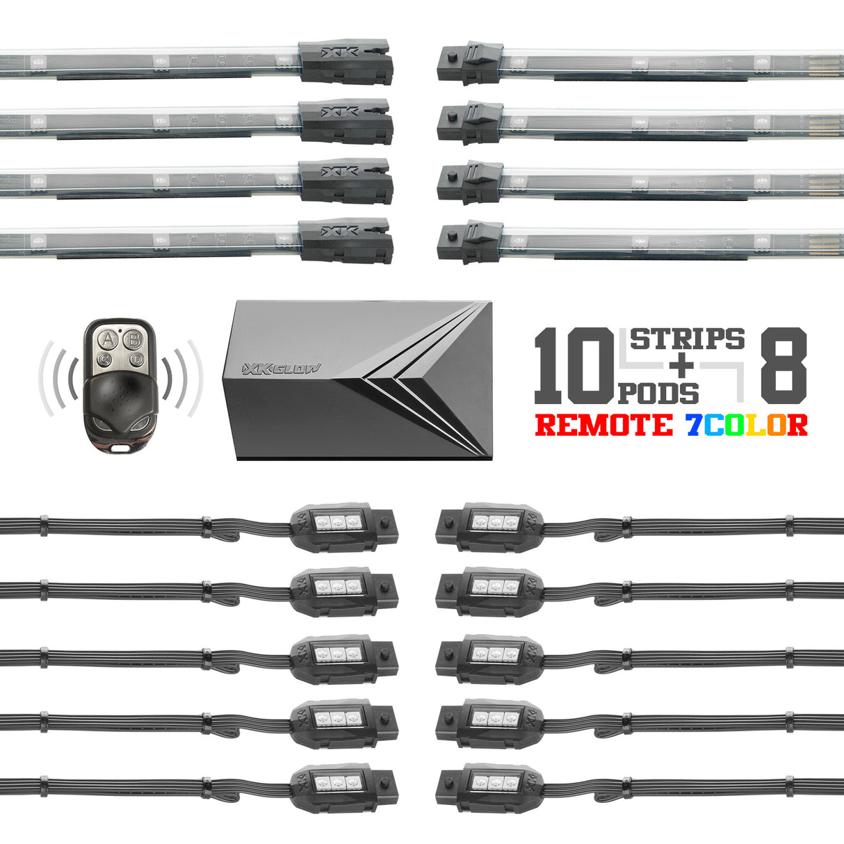 XK GLOW 18-piece 7-Color LED Light Kit with Remote Control for Automotive and Marine Applications