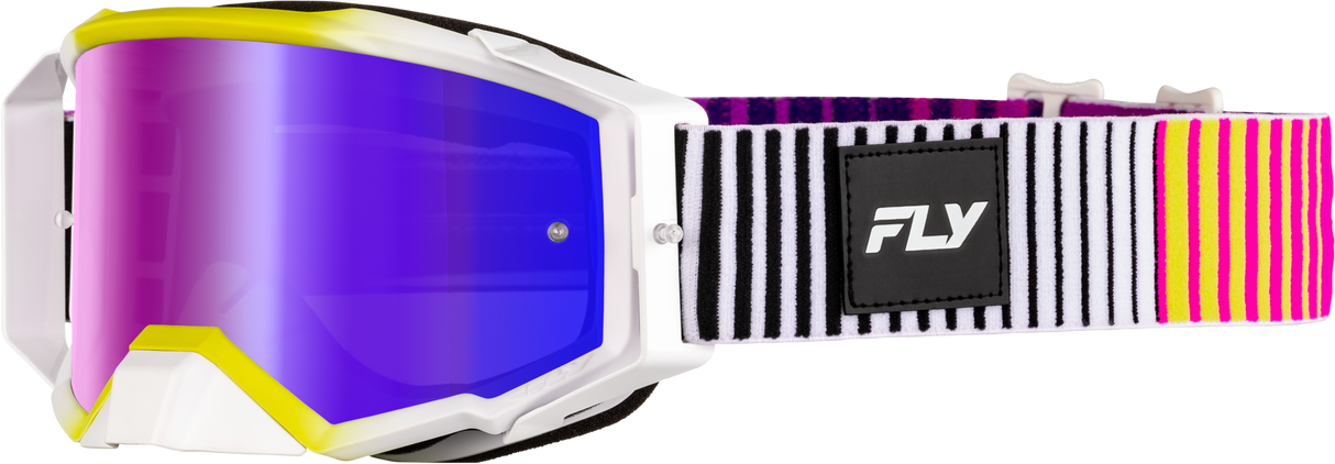 Fly Racing Zone Elite Goggle Pink/Yellow/Purple with Iridescent Red Mirror Lens for ATV and Motocross