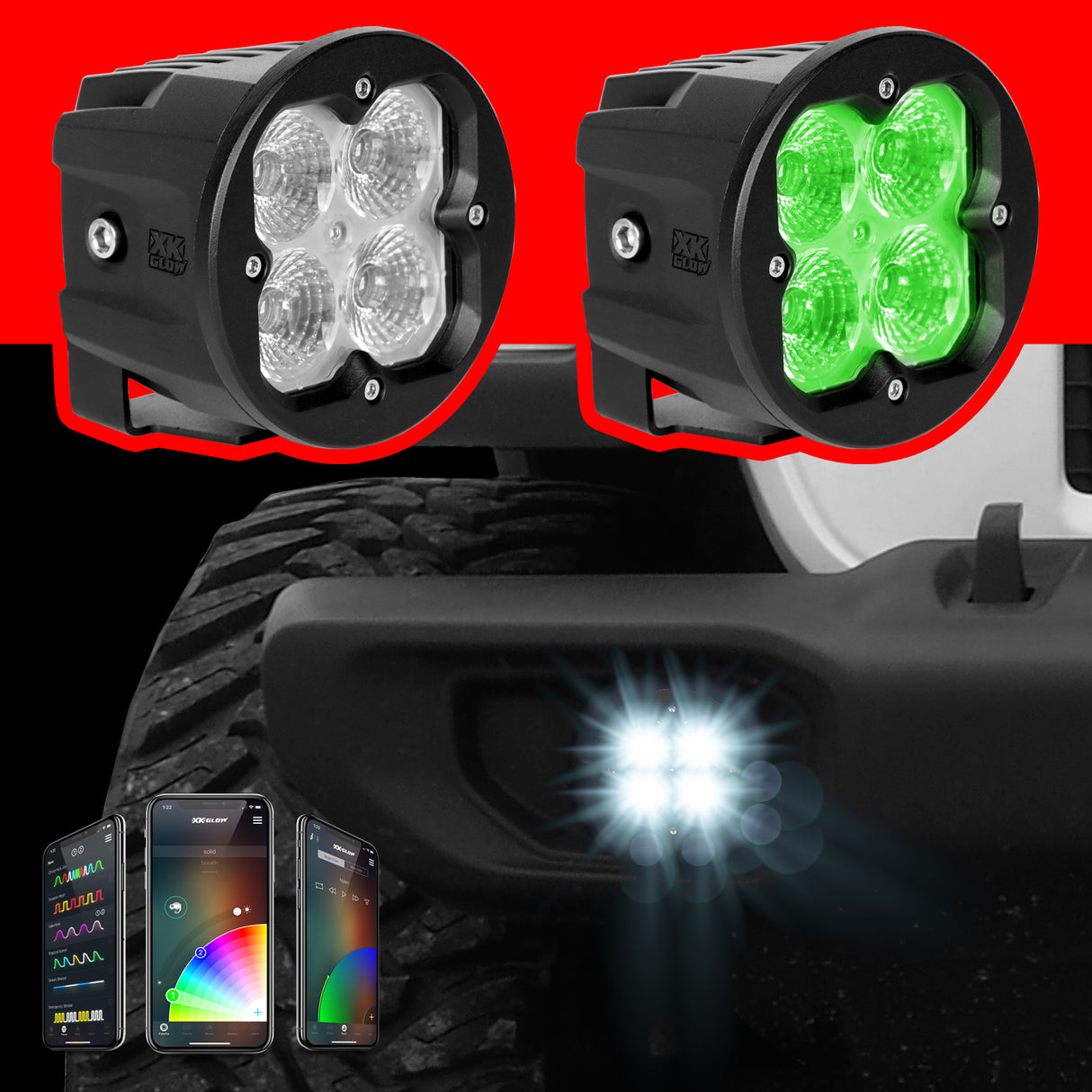 XK GLOW 20W RGB Pod Lights Spot Beam - Universal Fit for Off-Road, SUV, Truck, and Car Applications
