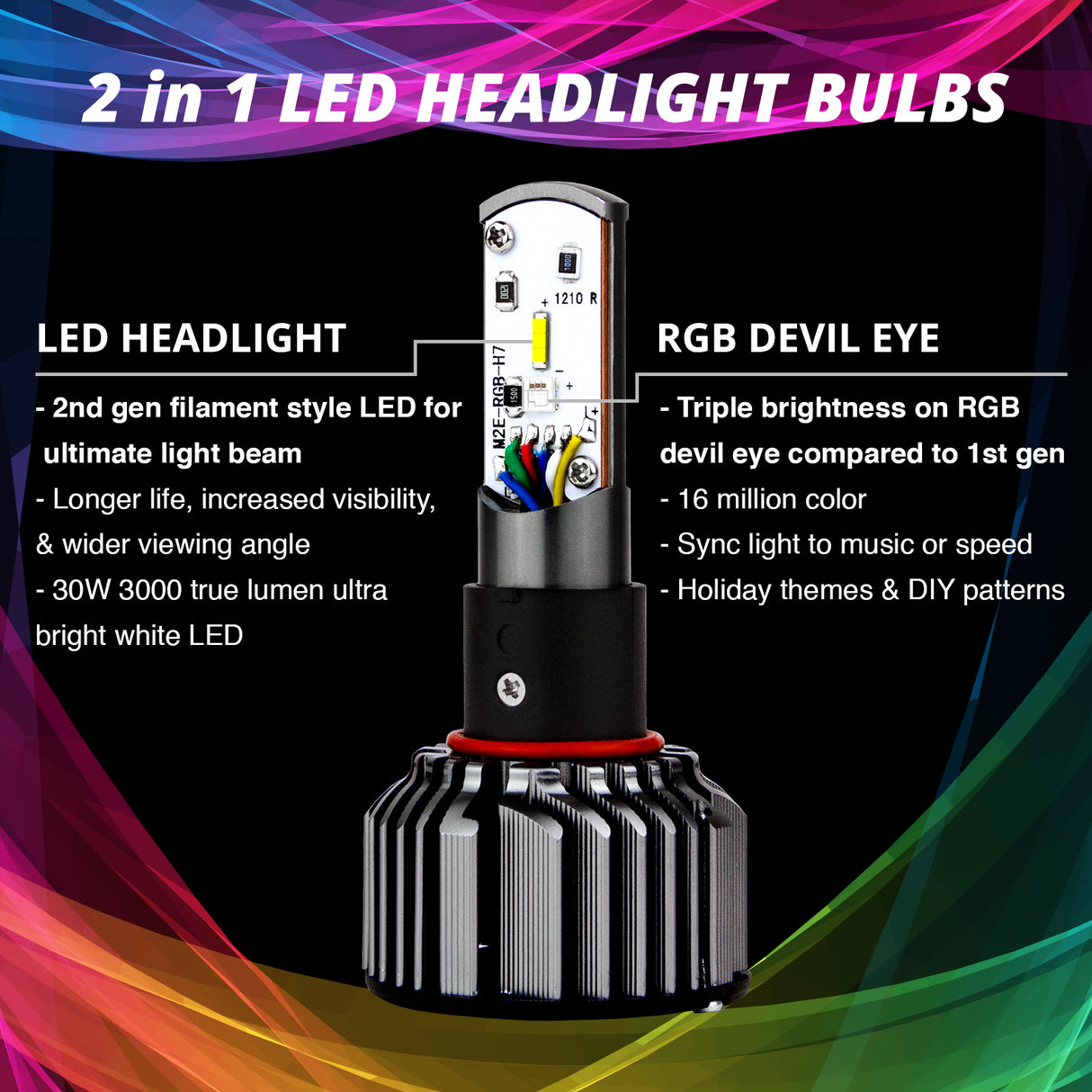 XK GLOW RGB H4 LED Bulb Kit - 2-in-1 App-Controlled RGB Headlights with Music Sync for Cars and Trucks