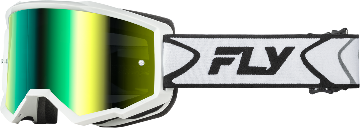 Fly Racing Zone Goggle with Iridescent Green Mirror Lens – White/Black for ATV, Motorcycle, and Off-Road Helmets