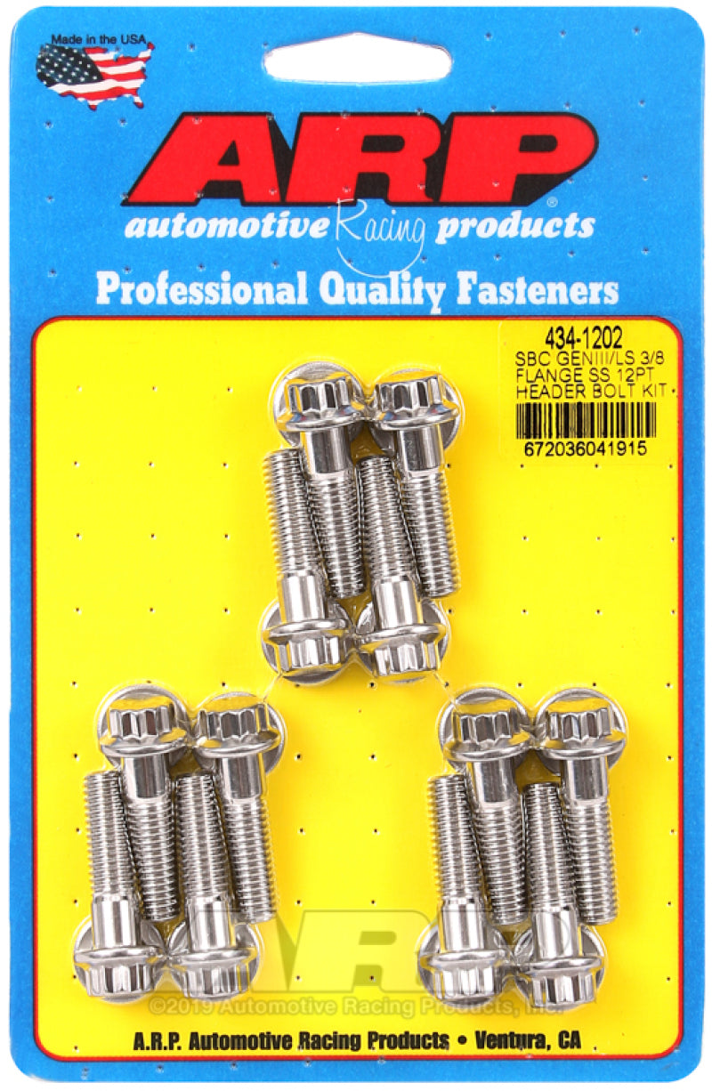 ARP Chevy SBC / Gen III LS 3/8 Inch Flange Stainless Steel Header Bolt Kit (Part Number 434-1202)