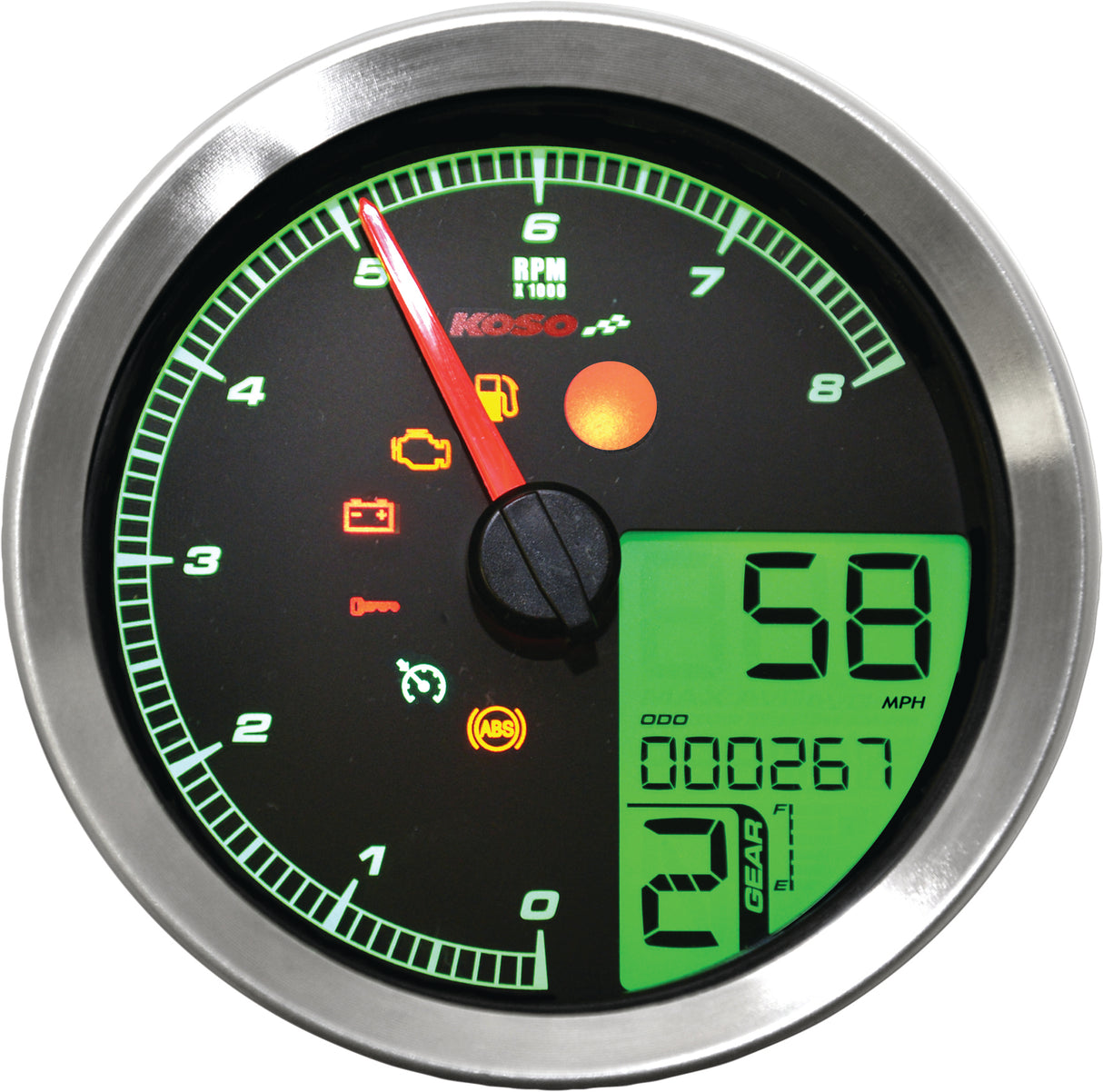 KOSO BA051201 Speedo / Tach Silver Bezel LCD Color Change Display for Harley Davidson XL883N, XL883L, Softail, Dyna, and Sportster Models