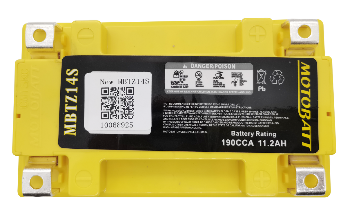 MOTOBATT MBTZ14S Sealed AGM Motorcycle Battery — Compatible with Harley Davidson, Honda, Yamaha, Kawasaki, and Suzuki