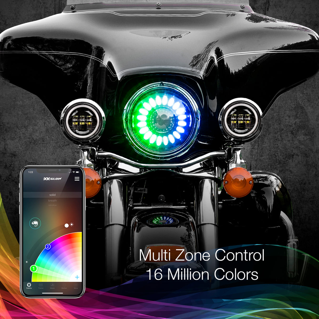 XK GLOW 7-inch XKchrome RGB Headlight with Switchback Function for Harley Davidson and Motorcycle Fits