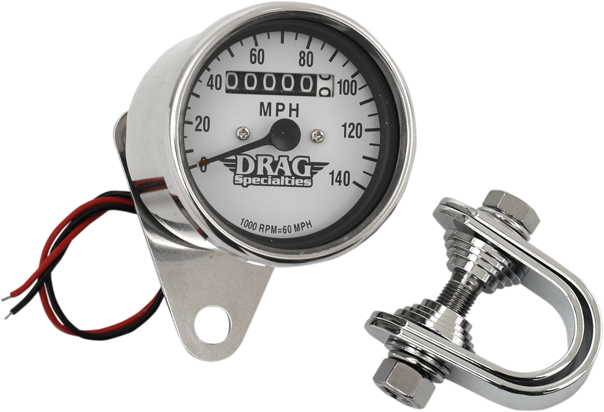 Drag Specialties 2.4-inch MPH Mini LED Mechanical Speedometer with Chrome Housing and White Face - Fits Harley Davidson Motorcycles with 12 mm Cable Thread - Part Number 21-6824DS1-BX15