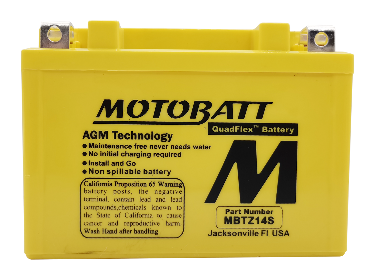 MOTOBATT MBTZ14S Sealed AGM Motorcycle Battery — Compatible with Harley Davidson, Honda, Yamaha, Kawasaki, and Suzuki