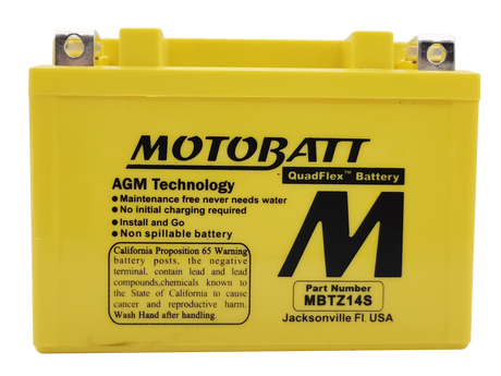 MOTOBATT MBTZ14S Sealed AGM Motorcycle Battery — Compatible with Harley Davidson, Honda, Yamaha, Kawasaki, and Suzuki