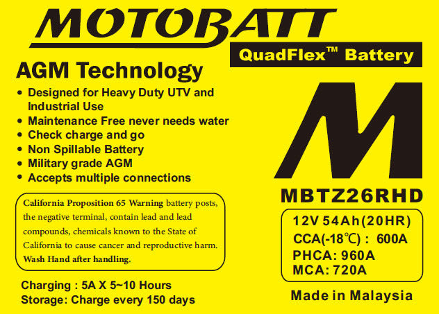 Motobatt MBTZ26RHD Sealed AGM Battery for Motorcycle, ATV, and Powersports Vehicles