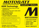 Motobatt MBTZ26RHD Sealed AGM Battery for Motorcycle, ATV, and Powersports Vehicles