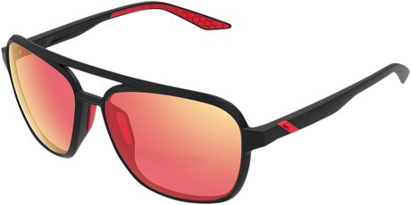 100% Kasia Aviator Sunglasses - Round Soft Tact Black Frame with HiPER Red Multilayer Mirror Lens for Motorcycle and Sports Vehicles