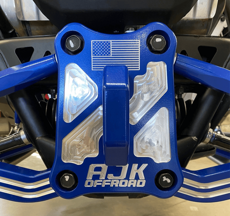 Polaris Pro R / Turbo R Billet Radius Rod Plate / Pull Plate by AJK Offroad Close Up of Blue Plate Installed on Vehicle