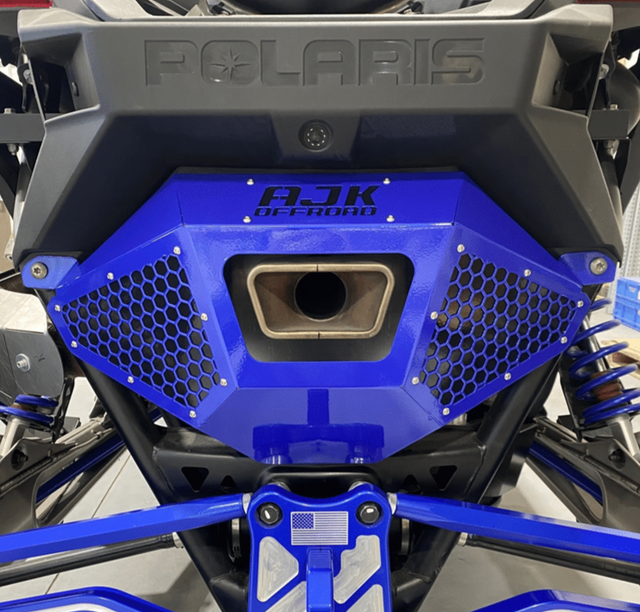 Polaris Pro R Exhaust Cover Bumper by AJK Offroad in Black Ghost Gray Front View