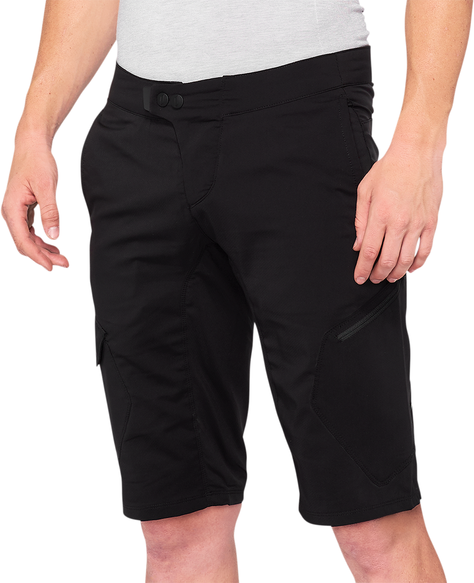 100% Ridecamp Shorts - Black, US 36 with Adjustable Waist, Reflective Tape, and Cargo Pockets