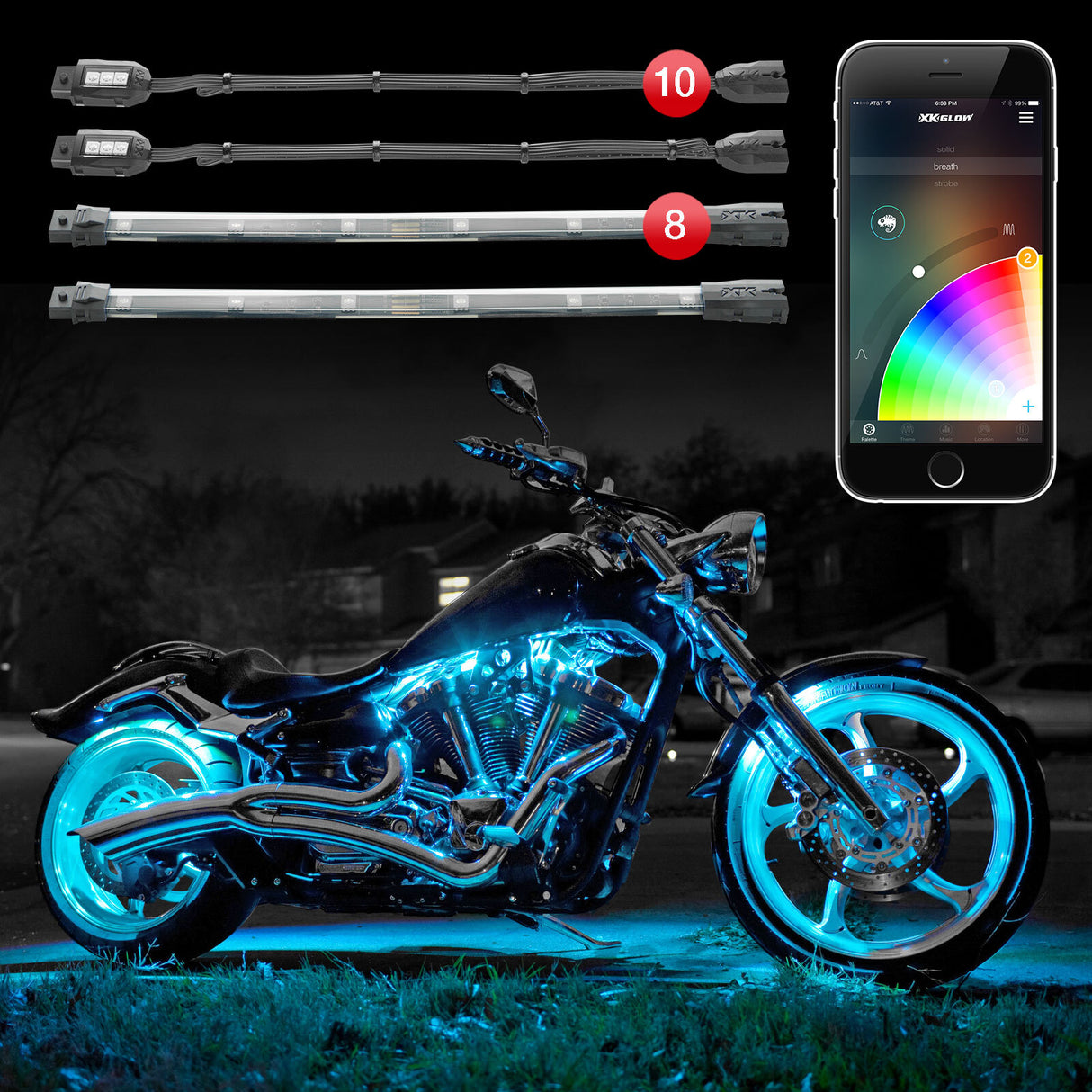XK GLOW KS-MOTO-ADVANCE Advanced Motorcycle Accent Light App Kit – 18 Piece with Bluetooth & Color Customization
