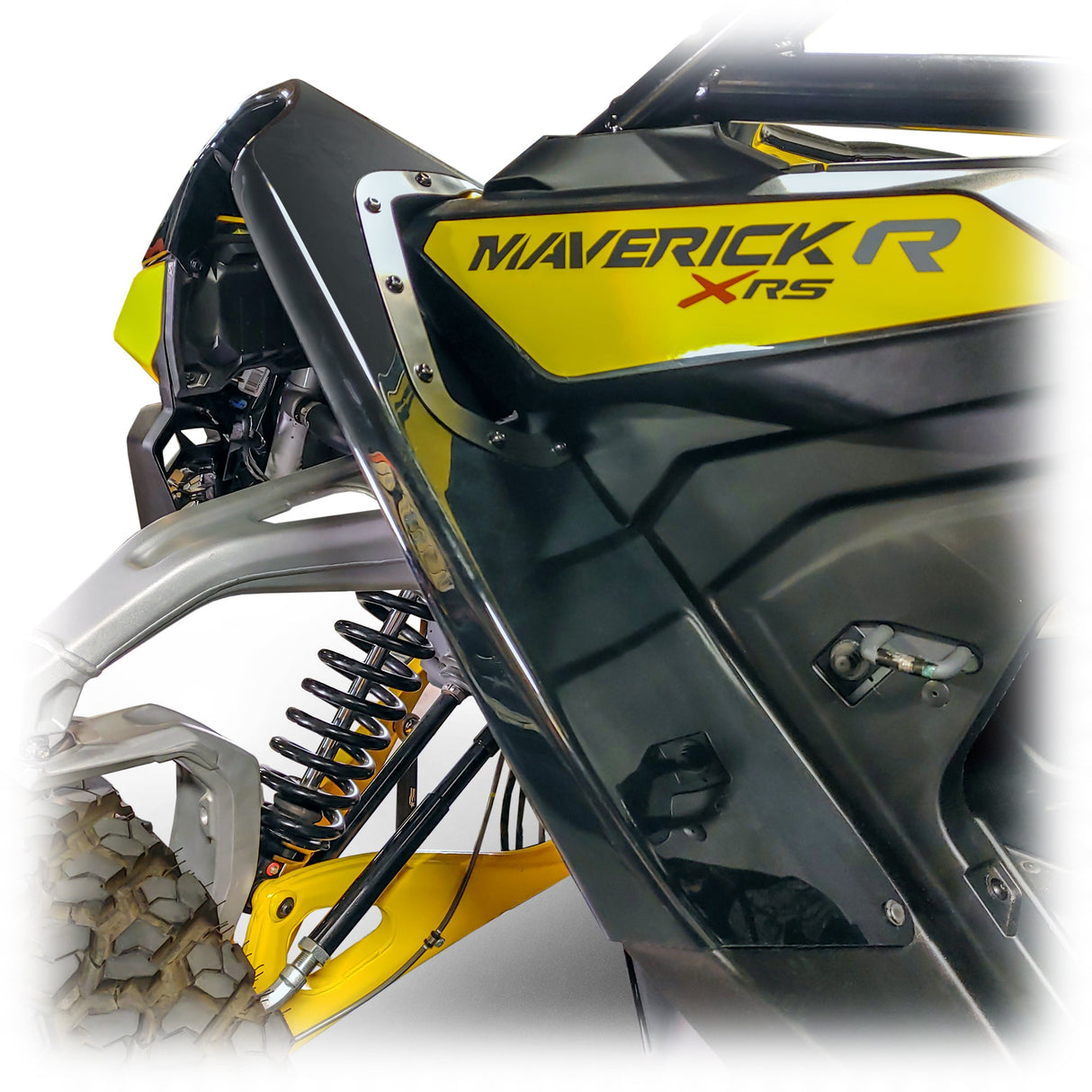 Black ABS front fender cover kit for Can-Am Maverick R 2024+, ready for wrap or paint