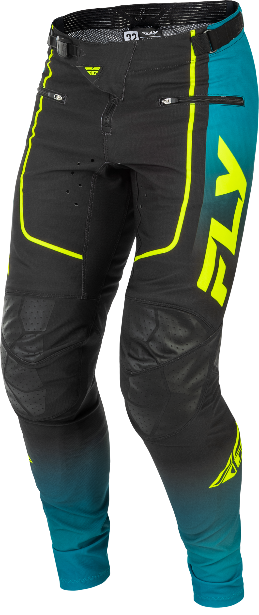 Fly Racing Youth Rayce Bicycle Pants for BMX/MTB – Teal/Black/Lime, Size 22 with Adjustable Waist and Reinforced Knees
