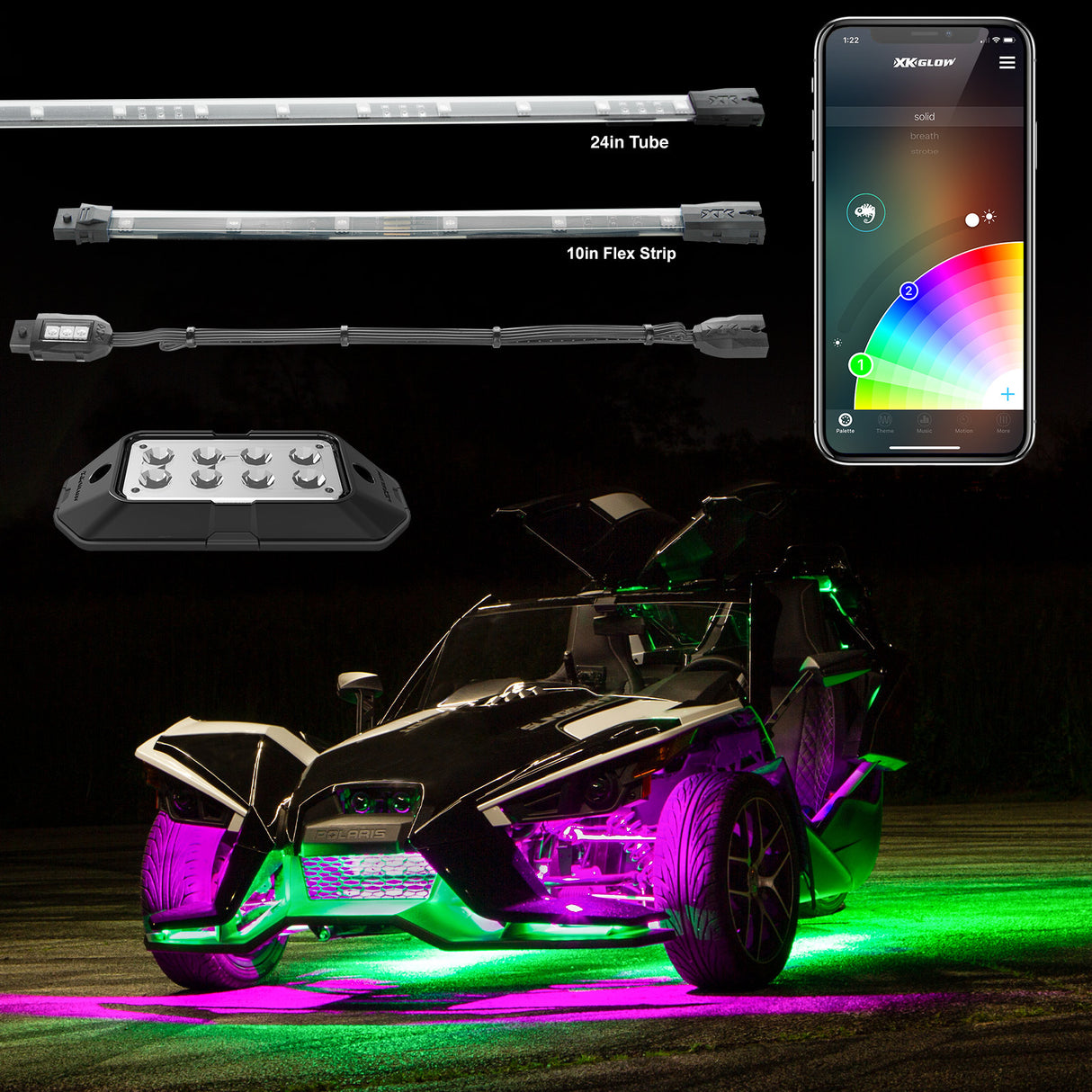 XK GLOW LED Underglow Standard Kit for Polaris Slingshot - Custom RGB Lighting with Bluetooth Control and Music Sync