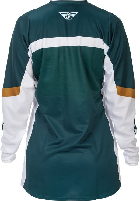 Fly Racing Women's F 16 Jersey Teal/White/Gold Large - Motocross Riding Gear for Honda, Yamaha, Kawasaki, Suzuki, KTM, and more