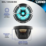 DS18 NXL-12SUB/BK Marine 12-Inch Subwoofer with RGB Lights, 350 Watts RMS, 4 Ohm Single Voice Coil for Powersports Vehicles