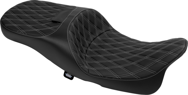 Drag Specialties Seats Extended Reach Freedom Seat for FLT/FLH Models with Vinyl Cover and Double Diamond Silver Stitch, Fits 2009-2025 Harley Davidson FLHX, FLTRX, FLHR, FLHTCU