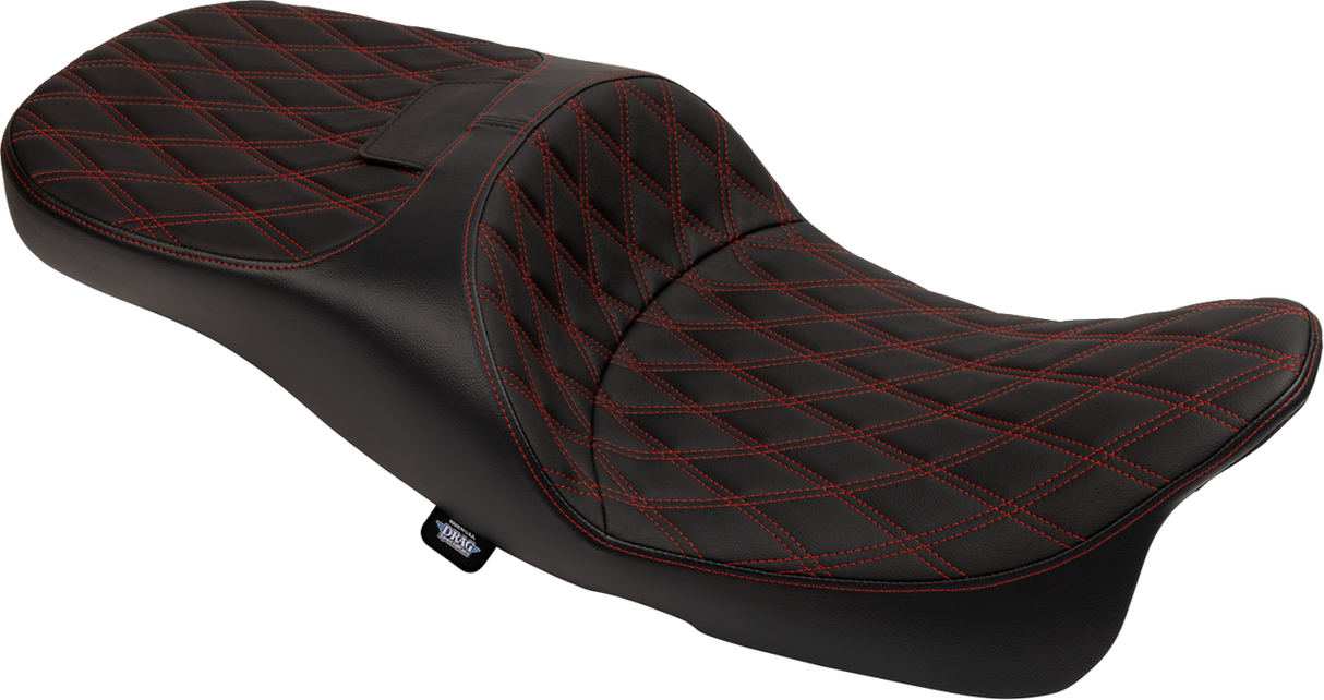 Drag Specialties Seats Extended Reach Freedom Seat for Harley FLHX, FLTRX, FLHR, and FLHTCU Models - Vinyl with Double Diamond and Red Stitch
