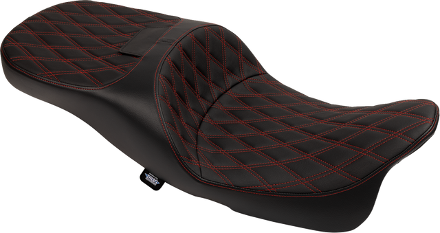 Drag Specialties Seats Extended Reach Freedom Seat for Harley FLHX, FLTRX, FLHR, and FLHTCU Models - Vinyl with Double Diamond and Red Stitch