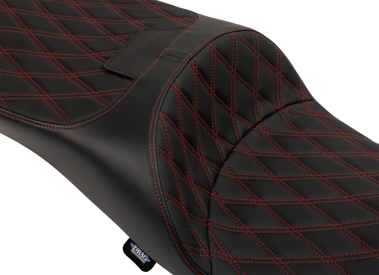 Drag Specialties Seats Extended Reach Freedom Seat for Harley FLHX, FLTRX, FLHR, and FLHTCU Models - Vinyl with Double Diamond and Red Stitch