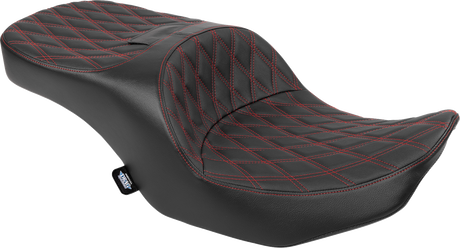 Drag Specialties Seats Freedom Seat for Harley FLT/FLH 2023-2025 - Black Vinyl with Red Double Diamond Stitch, Part #4711D