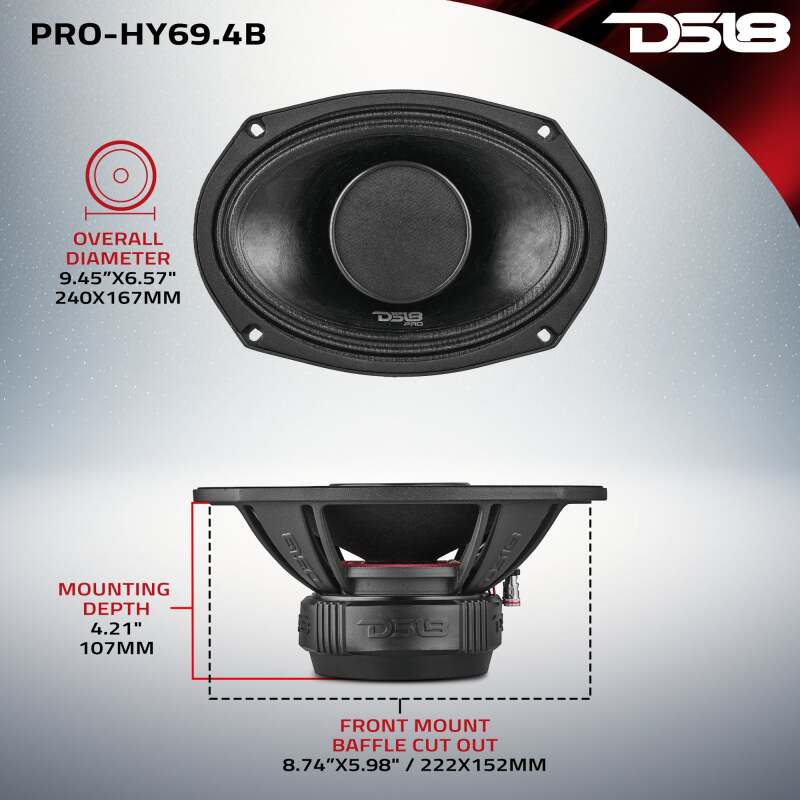 DS18 PRO-HY69.4B 6x9 Inch 250W RMS Water-Resistant Mid-Range Speaker for Automotive Applications
