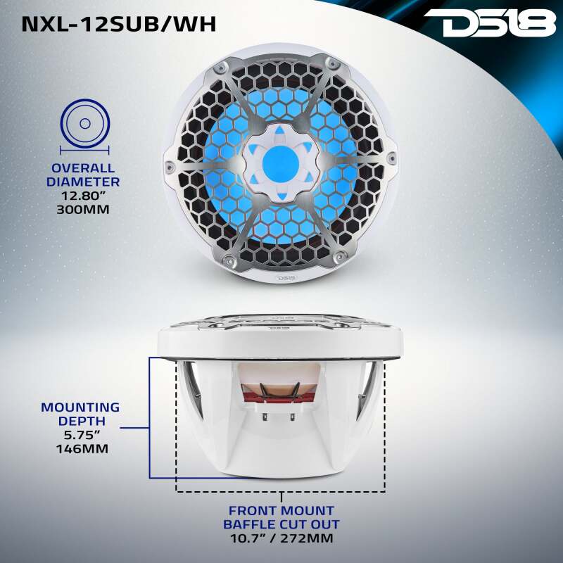 DS18 NXL-12SUB/WH 12-Inch Marine Subwoofer with RGB Lights, 350 Watts RMS, 4 Ohm Single Voice Coil, Fits Powersports Vehicles