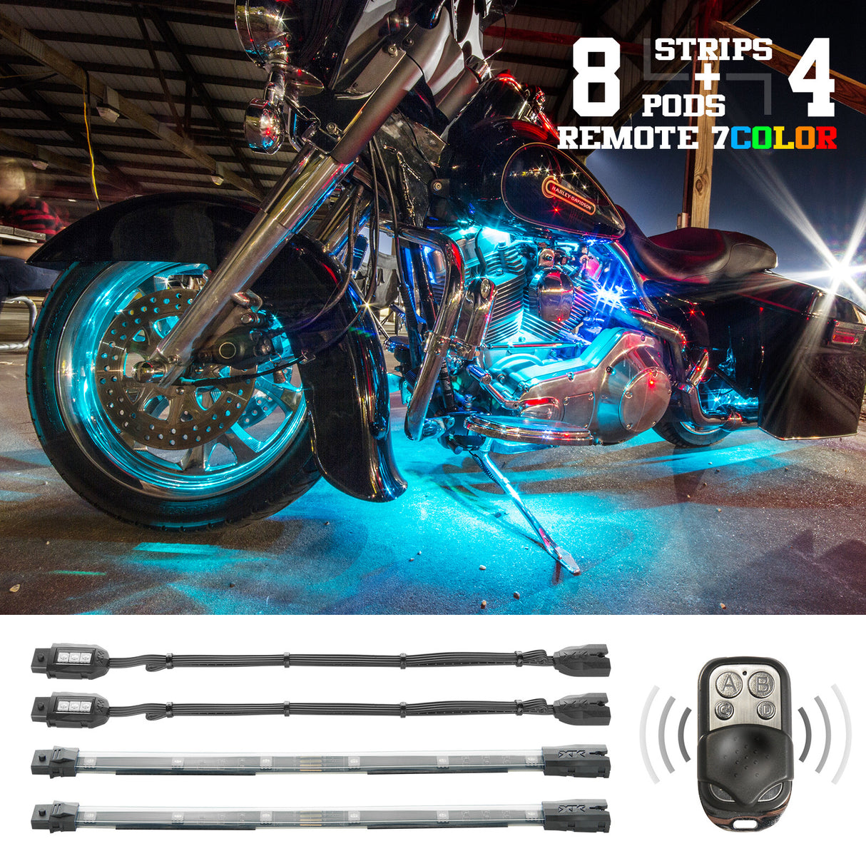 XK GLOW 12-Piece 7-Color LED Light Kit with Remote Control for Automotive and Marine Applications