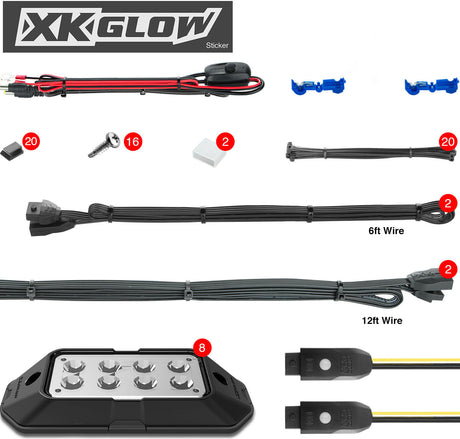 XK GLOW XK-ROCK-ADV 8pc RGB Rock Light Kit for Off-Rroad Vehicles - Impact and Water Resistant, App Controlled with 16 Million Colors
